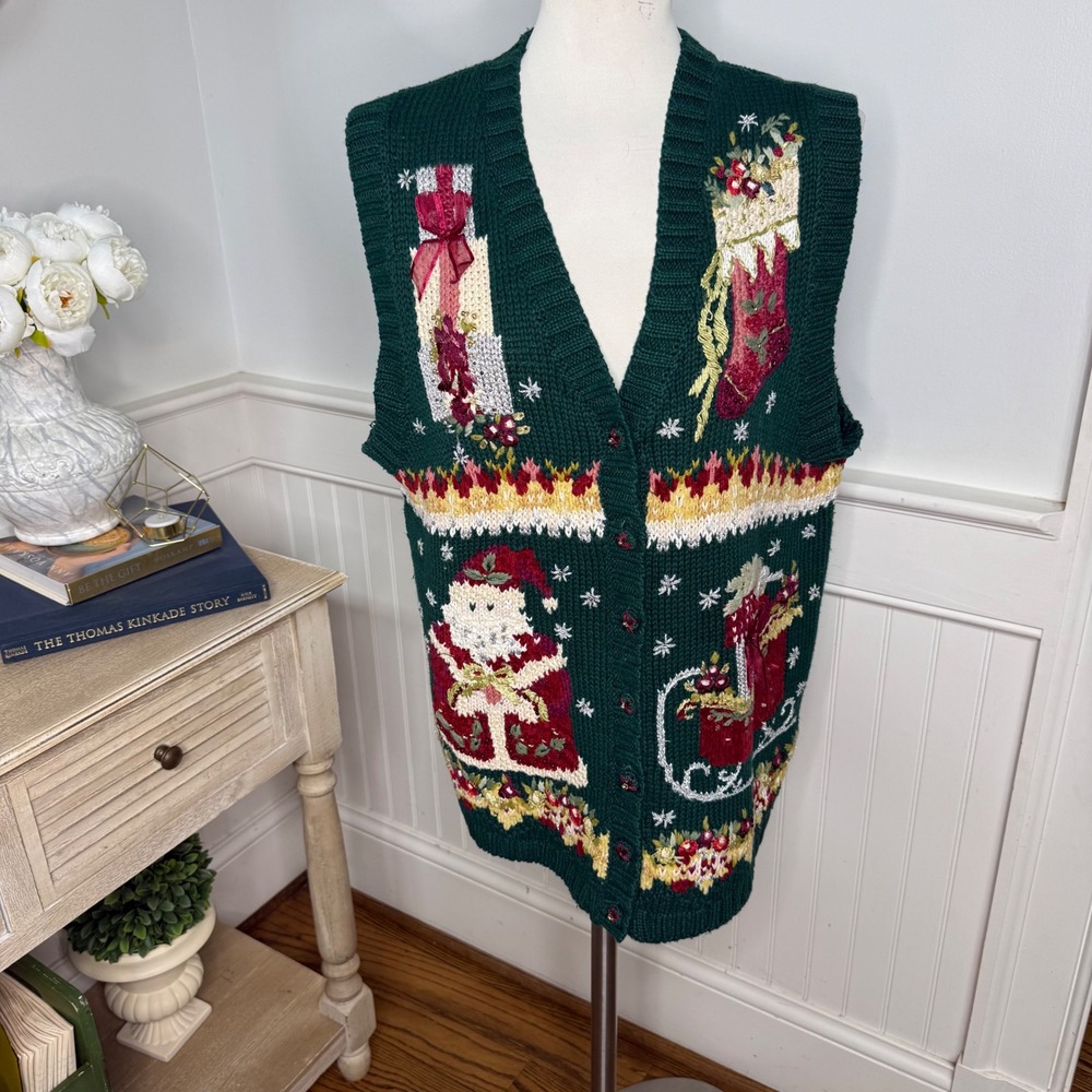 Vintage Tiara International Christmas Sweater Vest Green Santa Sleigh Large 2000